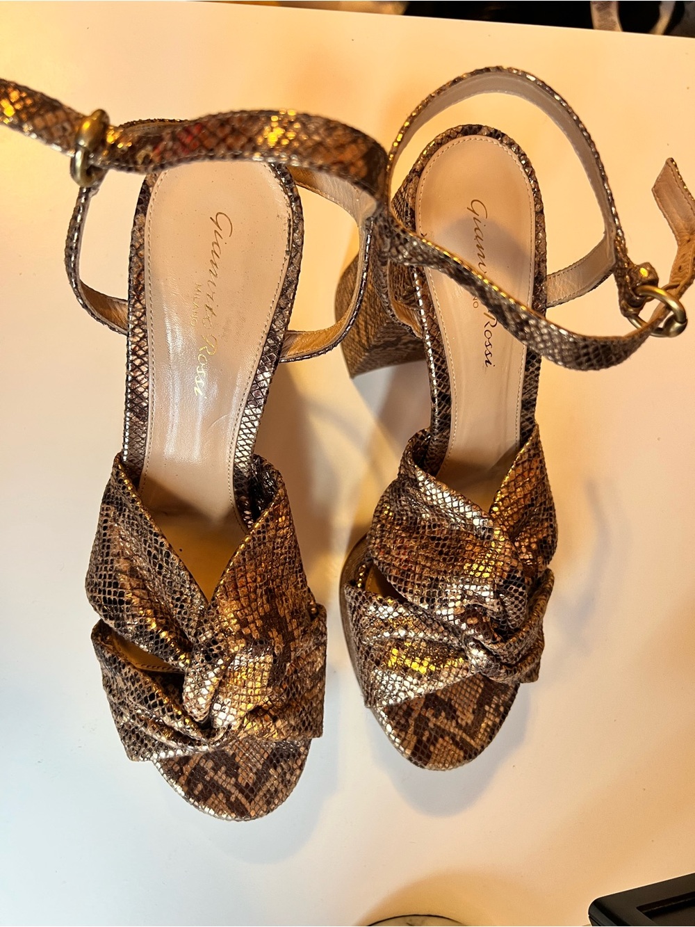 Milano Metallic Snake-Print Knot Heels in Bronze - Picture 2 of 5